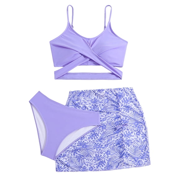 Staki Swimsuit for Teen Girls Big Girls Two Piece Swimsuits Kids Child Girl 3 Piece Swimwear Suit Flower Print Bikini Tops 12-16Y(Purple,13-14 Years)