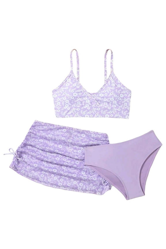 Teen Bathing Suits for Girls Girl's 3 Piece Cute High Waisted Ruffle Trim Swimsuit Bikini Sets with Beach Skirt 7-10Y 11-13Y(Purple,12-13 Years)