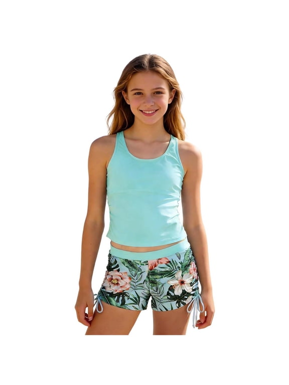 Teen Bikini Girls' Swimwear 2PCS Suits Swim Top with Bikini Teen Bathing Suits for Girls 7-10Y 11-16Y(Mint Green,15-16 Years)