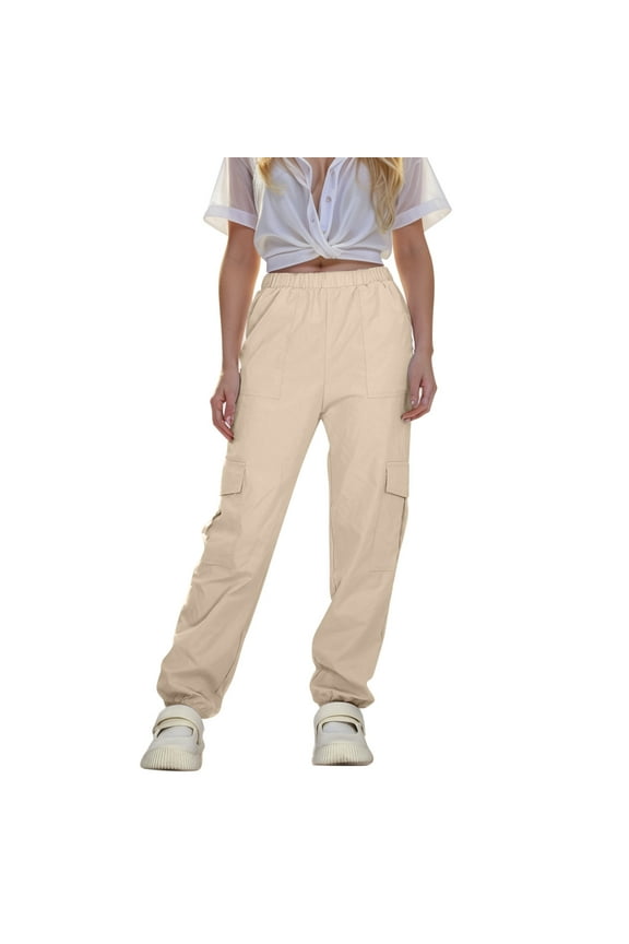 Teen Clothes Cargo Pants for Girls Parachute Baggy Joggers Elastic Waist Wide Leg Hip Hop Dance Outfits(Khaki,9-10 Years)