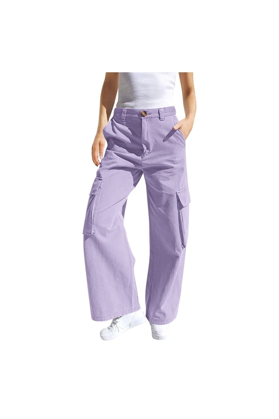 Teen Clothes Girls Sweatpants Kids Baggy Cargo Pants Athletic Drawstring Jogger Pants with Pockets(Purple,14-15 Years)