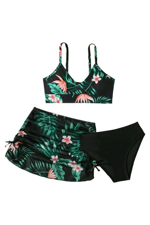 Teen Girl Bathing Suits Teen Girl Swimsuit 3 Piece Bathing Suit Bikini with Cover Up Skirt Beach Swimming Suit 7-10Y 11-13Y(Black,10-11 Years)