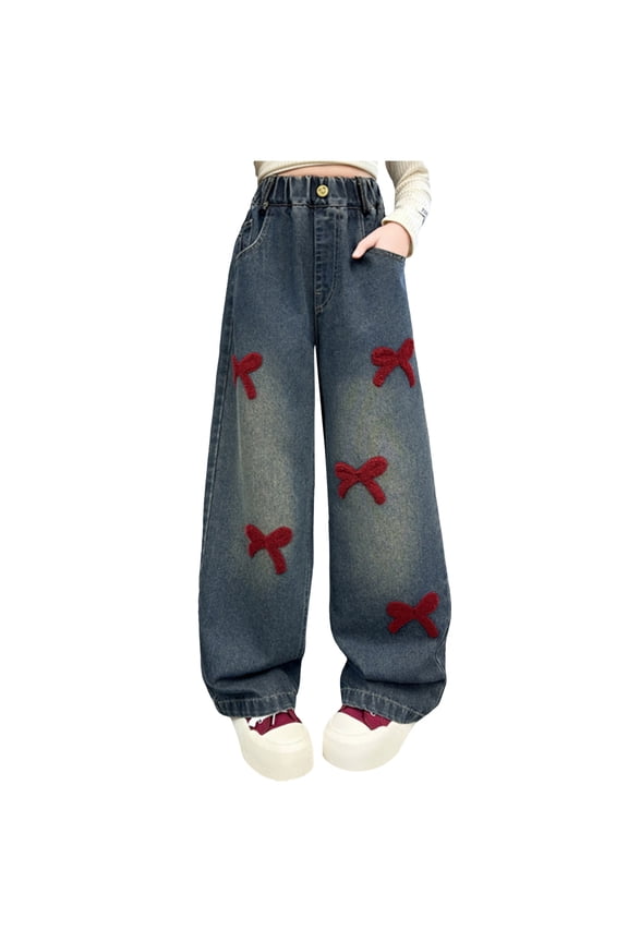 Teen Girl Jeans Girls Jeans Baggy Wide Leg Cute Teen Denim Pants Junior Mid Rise Elastic Band with Pockets Casual Clothes 5-9Y 10-17Y(Black,6-7 Years)