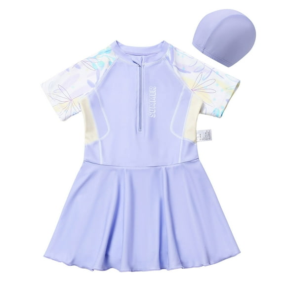 Staki Teen Girl Swimsuit Girls One Piece Swimsuits Skirted Bathing Suit for Kids Girls Summer Swim Dress Short Sleeve Swimwear 3-10Y 11-12Y(Light Purple,3-4 Years)