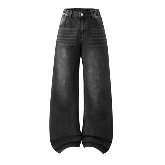 Staki Teen Jeans Girl's Cute Baggy Wide Leg Jeans Elastic High Waisted Denim Pants Bottoms with Pockets 12Y,13Y,14Y,15Y,16Y(Black,13-14 Years)