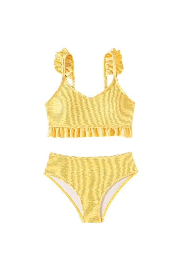 Teen Swimsuits Girls 2 Piece Swimsuit Square Neck Ruched Ruffle Trim Bikini Sets Adjustable Straps Bathing Suit for Teen Girls 5-9Y 10-14Y(Yellow,5-6 Years)