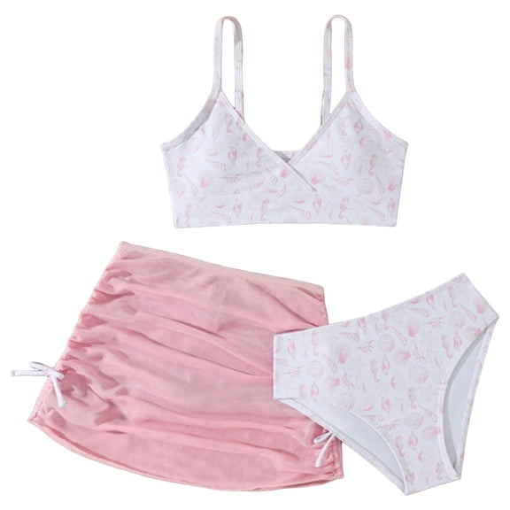 Staki Teen Swimsuits for Girls Teen Girl Swimsuit 3 Piece Bikini Bathing Suit with Beach Skirt Kids Print Spaghetti Strap Bikini Set 7-10Y 11-13Y(Pink,7-8 Years)