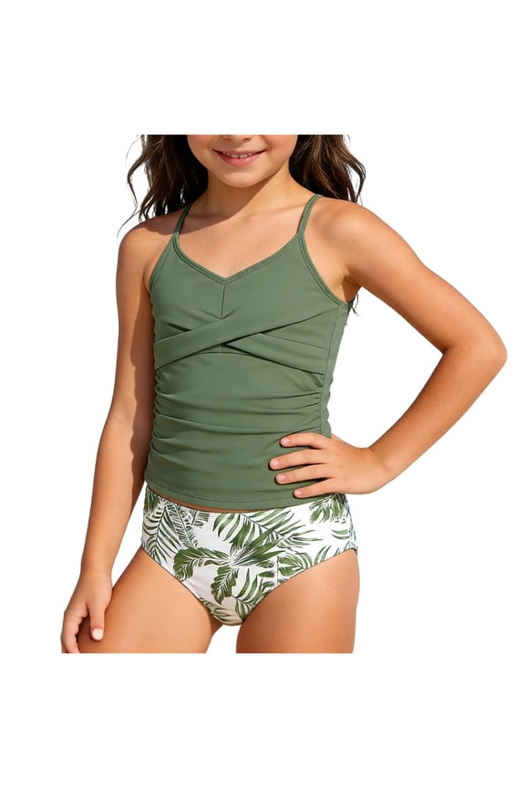 Teen Swimsuits Teen Girls' Swimsuits Two-Piece V-Neck Bikini Adjustable Shoulder Straps Swimsuit Kids Bikini with Chest Pad 8-13Y(Green,10-11 Years)