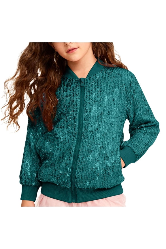 Tinsel Jacket Metallic Bomber Jacket for Girls Zip Up Cropped Jacket Sparkly Lightweight Coat Windbreaker with Pockets(Dark Green,2-3 Years)