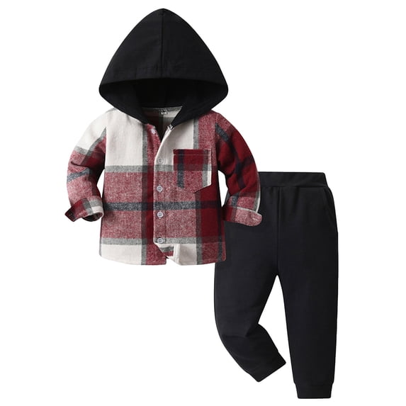 Staki Toddler Baby Boys Clothes Plaid Button Down Hooded Shirt + Sweatpants Boys Winter Outfits(Red,3-6 Months)