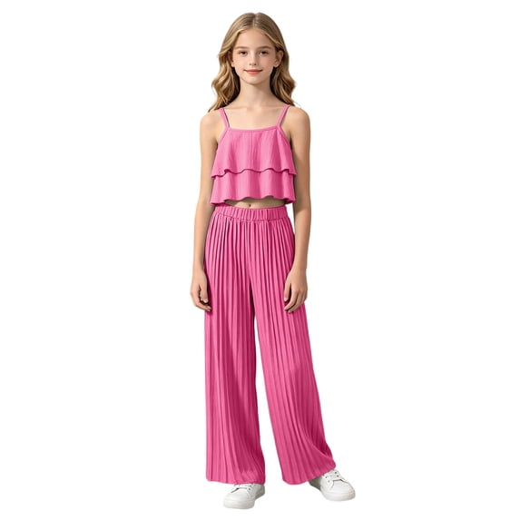 Staki Toddler Baby Girl Clothes Sleeveless Floral Ruffle Tank Tops and Long Pants Summer Outfits for Little Girls 7Y 8Y 9Y(Hot Pink,11-12 Years)