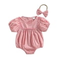 thumbnail image 1 of Staki Toddler Baby Girl Clothes Summer Smocked Bubble Romper Embroidery Onesie Short Sleeve Bodysuit Cute Outfits 0-18M(Watermelon Red,6-12 Months), 1 of 9