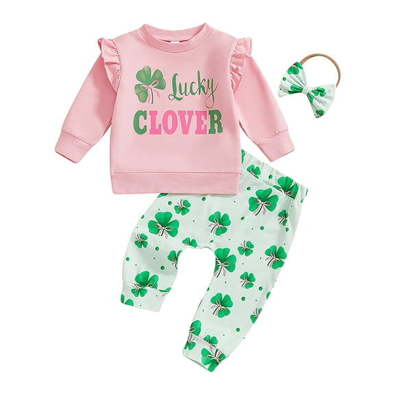 Staki Toddler Baby Girl St. Patrick's Day Outfit Four-Leaf Clover Long Sleeve Sweatshirt Top and Pants Set Clover Baby Sweatshirt 3M,6M,12M,18M,24M(Pink,3-6 Month)