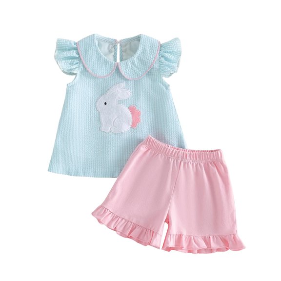 Staki Toddler Baby Girl Summer Clothes Fly Sleeve Cute Tops and Shorts Sets 2 Piece Infant Outfits 6M 12M 18M Light Blue,18-24 Months