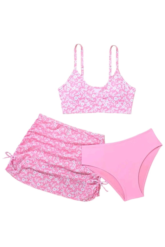 Toddler Bathing Suit Teen Girl Swimsuit 3 Piece Bathing Suit Bikini with Cover Up Skirt Beach Swimming Suit 7-10Y 11-13Y(Pink,10-11 Years)