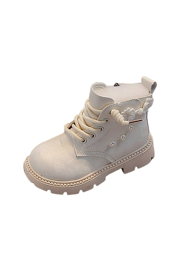 Toddler Boots Girl Girls Cute Ankle Boots Lace Up Combat Boot Side Zipper Comfortable Non-Slip Short Boots(White,11 Little Kid)