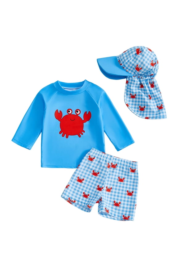 Toddler Boy Bathing Suit Boys 3 Piece Rash Guard Swimsuits Sets Kids Long Sleeve Sunsuit Swimwear Sets 6-24M 2-4T(Sky Blue,6-12 Months)