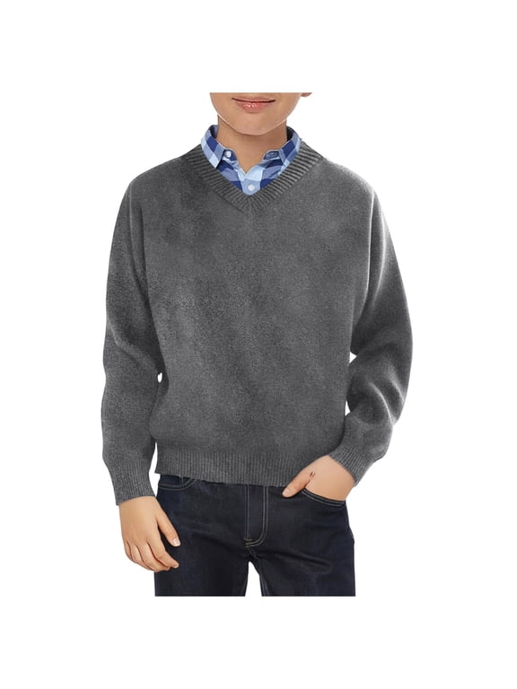Toddler Boy's Sweaters Long Sleeve V-neck Knit Pullover Tops Sweater Fall Clothes(Dark Gray,6-7 Years)