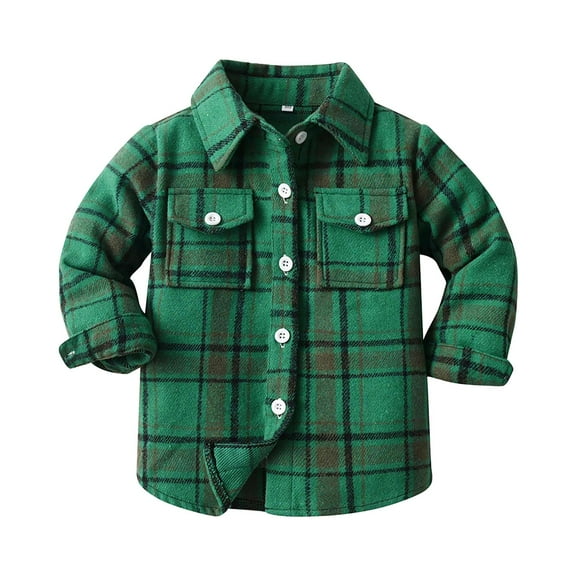 Staki Toddler Boys' Flannel Plaid Shirt Button Down Long Sleeve Jacket Lapel Shacket Coat Tops Casual Outwear Red Plaid Shirt(Green,7-8 Years)