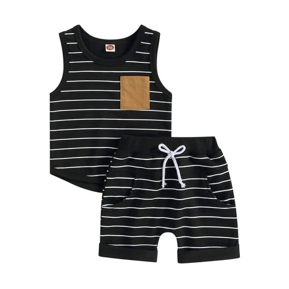 Staki Toddler Boys Outfits Short Sets Baby Boy Clothes Toddler Boy Summer Outfits Kids Sleeveless Tank Tops Shorts Set 0-24M 2-3T(Black,6-12 Months)