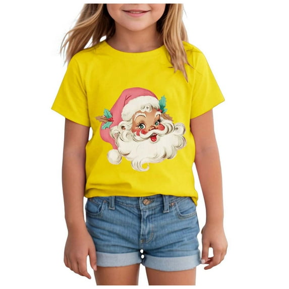 Staki Toddler Christmas Shirt Boys Girls Santa Claus Shirts Kids Merry Christmas Tshirts Xmas Holiday Short Sleeve Tops Vintage Christmas Shirts for Girl(Yellow,13-14 Years)