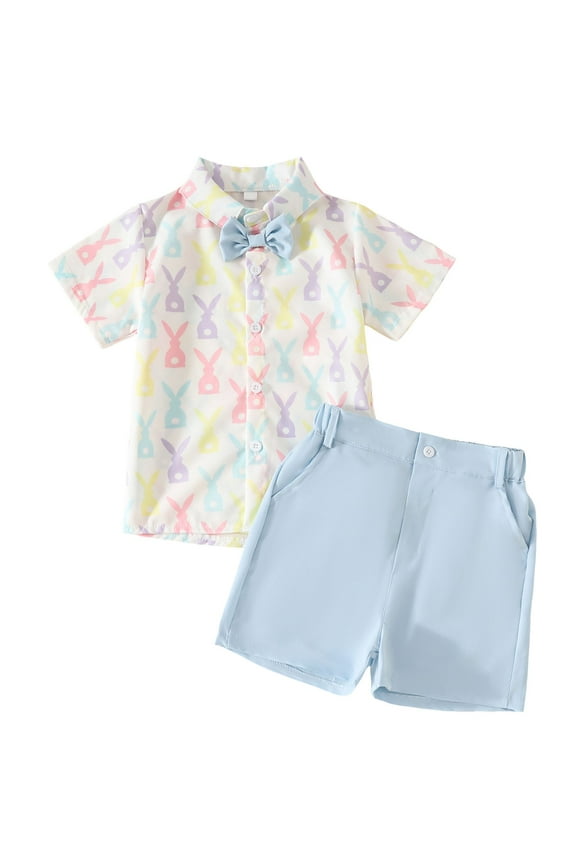 Toddler Easter Outfit Boy Toddler Baby Boy Easter Outfit Short Sleve Shirt Top Bunny Shorts Kids Easter Clothes Summer Clothing 6-24M 2-4Y(Light Blue,18-24 Months)