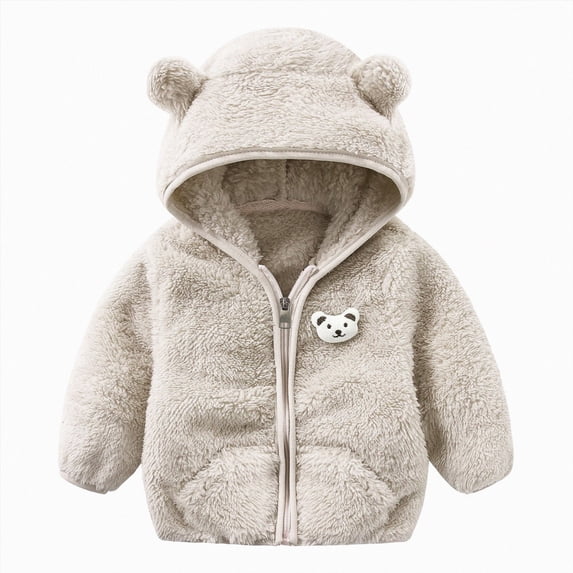 Staki Toddler Fleece Jacket Winter Coat Boys Hooded Fleece Warm Outwear 3D Ear Padded Zipper Jacket With Pockets 0-24M(Gray,18-24 Months)