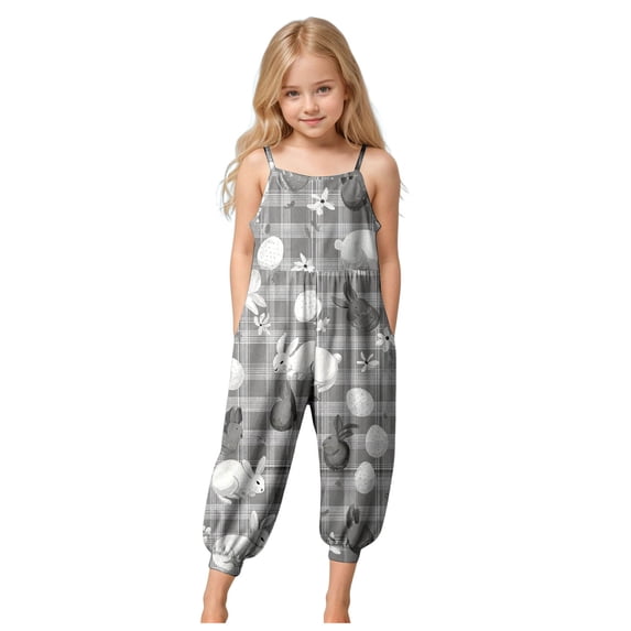 Staki Toddler Girl Easter Outfit Jumpsuits for Girls Casual Sleeveless Loose Spaghetti Strap Summer Rompers Long Pants with Pockets 1-10Y(Gray,9-10 Years)