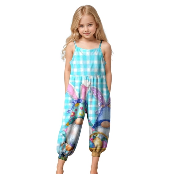 Staki Toddler Girl Easter Romper Toddler Baby Girl Easter Outfit Bunny Sleeveless Romper Jumpsuit Suspender Overalls Pants 1-10Y(Sky Blue,7-8Years)
