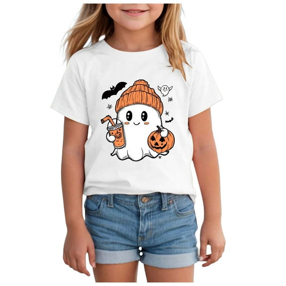 Staki Toddler Girl Graphic Tees Halloween Shirts Toddler Girls Pumpkin Tshirts Kids Halloween Graphic Short Sleeve Tops(White,3-4 Years)