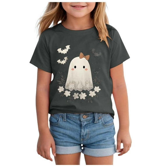 Staki Toddler Girl Halloween Shirt Halloween Shirts for Kids Toddler Girls T-Shirts Clothes Short Sleeve Cotton Tee(Dark Gray,5-6 Years)