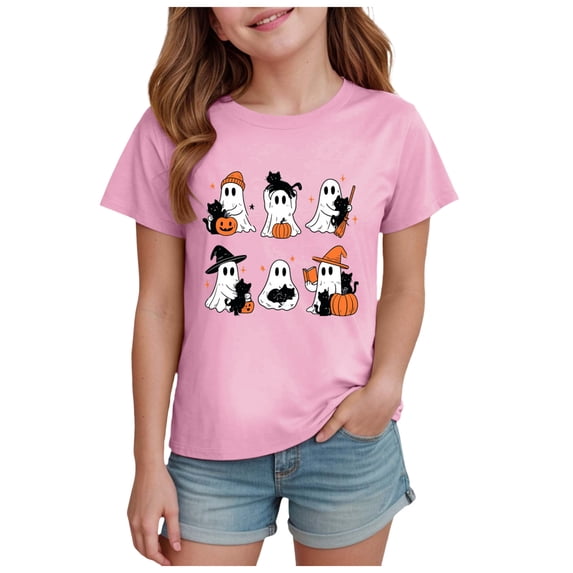 Staki Toddler Girl Halloween T-Shirt Short Sleeve Tops Kids Soft Cotton Cute Shirt for Halloween Outfit(Pink,1-2 Years)