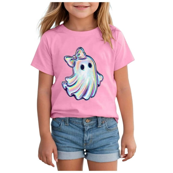 Staki Toddler Girl Halloween Tee Halloween Shirts for Girls Pumpkin Graphic Tshirts Cotton Short Sleeve Tee(Pink,5-6 Years)