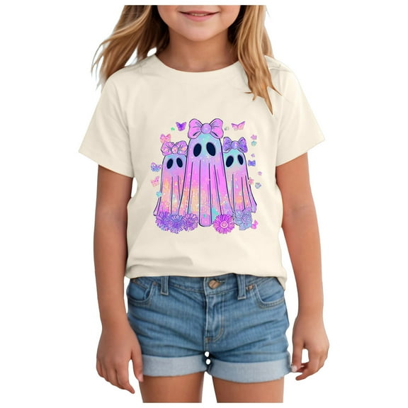 Staki Toddler Girl Halloween Tee Toddler Baby Girl Halloween Shirt Season Short Sleeve Tee Top Kid Fall Clothes(Beige,5-6 Years)