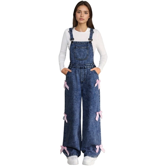 Yammkia Toddler Girls Bow Denim Overalls Girls Denim Overalls Kids Sleeveless Wide Leg Jumpsuit Bib Overall with Pockets 5-12 Years,11-12 Years