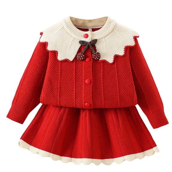 Staki Toddler Girls Sweater Skirt Set Bow-knot Cardigan Sweater Winter Coat Set 1-6Y(Red,2-3 Years)