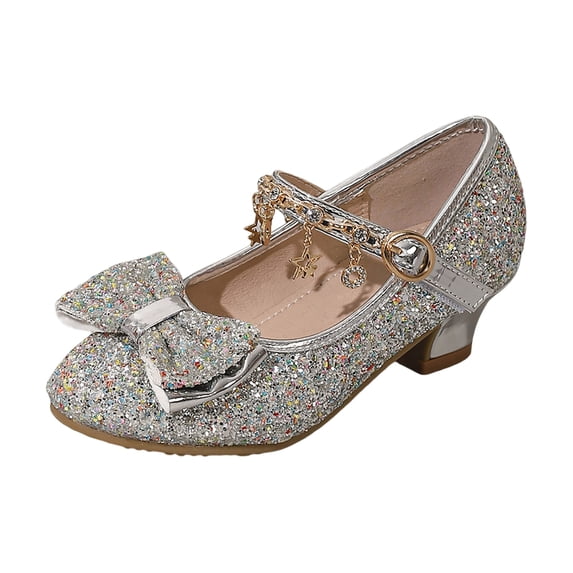 Staki Toddler Mary Jane Shoes Girls Glitter Dress Shoes Low Heel Princess Flats for Kids Toddler Flower Wedding Party Shoes Silver,12 Little Kid