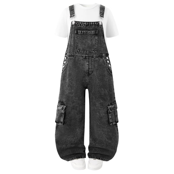 Staki Toddler Overalls for Girls Kids Big Girls Jumpsuits & Rompers Distressed Bib Denim Overalls Blue Long Jeans Stretchy Ripped Jeans 8-14Y(Black,12-14 Years)