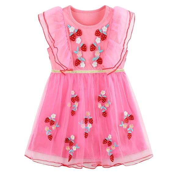 Staki Toddler Sleeveless Dress Girls Dresses Ruffle Sleeve Dress Flutter Hem A-Line Swing Pleated Tiered Casual Solid Color Party Dress 2-8Y(Pink,4-5 Years)