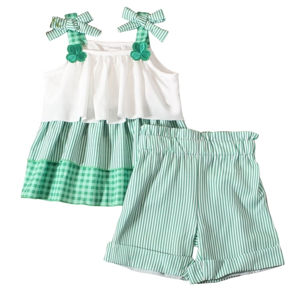 Staki Toddler Summer Outfits Toddler Baby Girl Clothes St. Patrick's Day Summer Outfits Print Sleeveless Shirt Tops Cute Shorts Set 6-24M 2-4Y(Green,12-18 Months)
