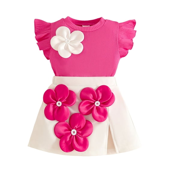 Staki Toddler Summer Outfits Toddler Girl Clothes Ruffle Floral Embroidery Shirt and Shorts Set(Hot Pink,12-18 Months)