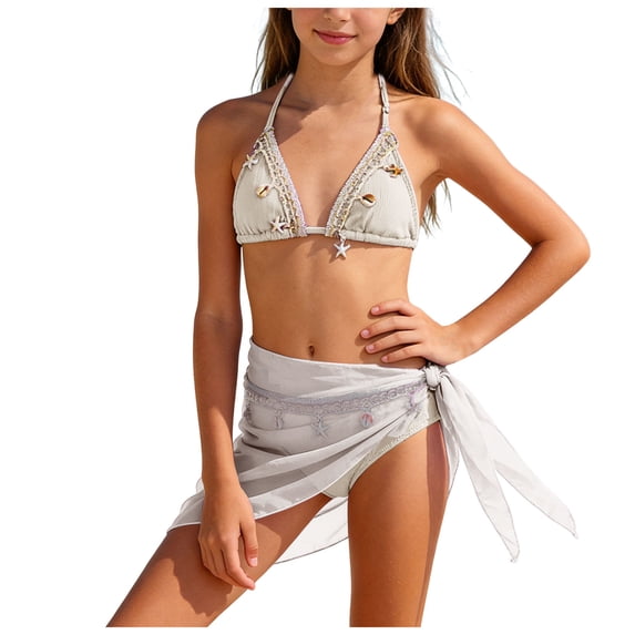 Staki Toddler Swim Set Girl Girl's 3 Piece Swimsuits High Waisted Bikini Bathing Suit with Coverups Skirt 7Y 8Y 9Y(Beige,8-9 Years)