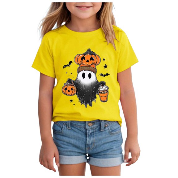 Staki Toddler Tshirt Halloween T-Shirt for Girls Retro Cotton Short Sleeve Tee for Girls(Yellow,3-4 Years)