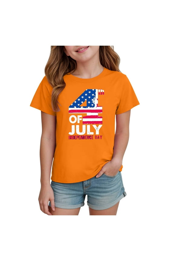 Toddler USA shirt Girls July 4th Patriotic Shirt American Flag Short Sleeve Tshirts for Girl 2-9Y 10-14Y(Orange,2-3 Years)