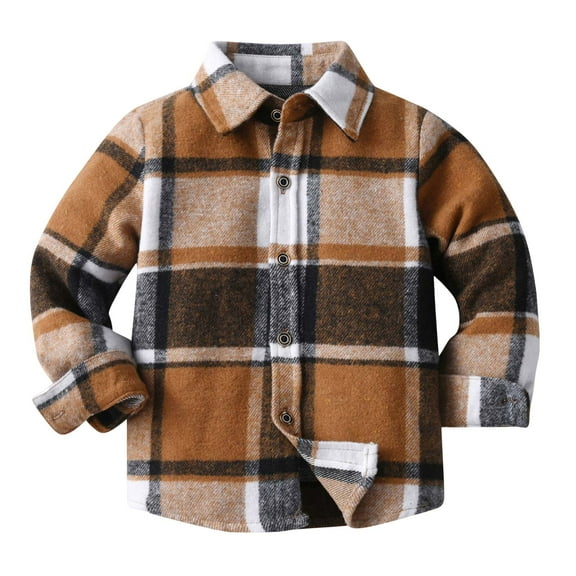Staki Toddlers and Baby Boys' Button Down Plaid Flannel Shirt Boys Christmas Dress Shirt(Brown,5-6 Years)
