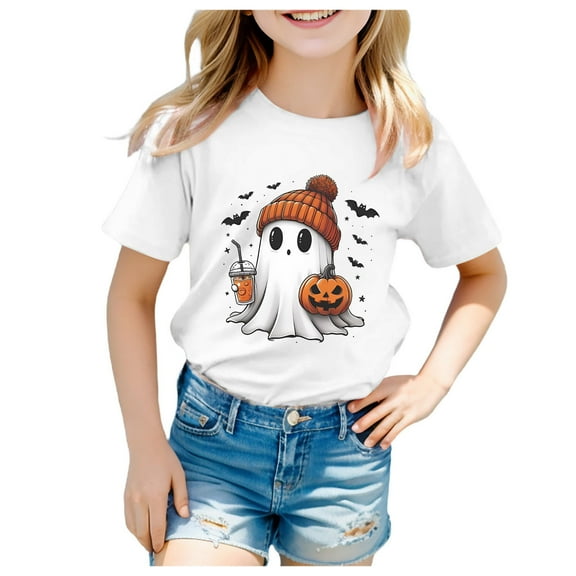Staki Tshirts Girls Toddler Girl Halloween T-Shirt Short Sleeve Kids Fun Tops(White,6-7 Years)