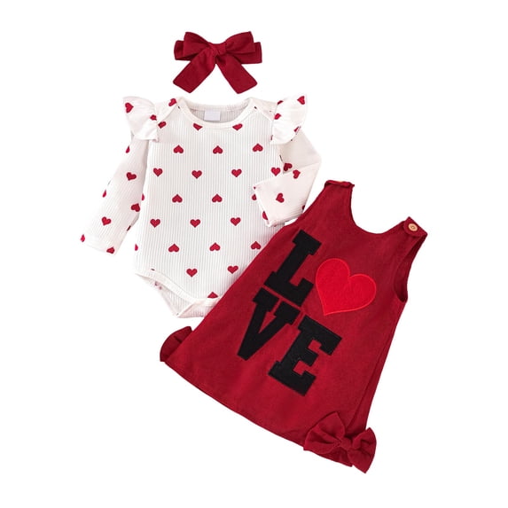 Staki Valentine for Baby Girl Valentines Baby Girl Outfit Long Sleeve Romper Onesie Love Heart Overalls Shorts 2Pcs Valentines Day Clothes 1-18M(Red,9-12 Months)