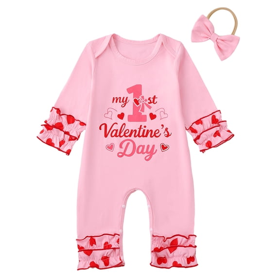 Staki Valentines Baby Girl Outfit Romper Baby Girl Outfit Newborn Jumpsuit Infant Onesie Ruffle Romper Cute Fall Winter 0-18M(Pink,12-18 Months)