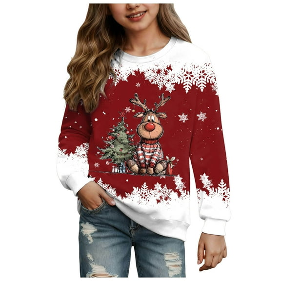 Staki Xmas Sweatshirt Toddler Girls Christmas Sweatshirts Kid Xmas Long Sleeve Cute Tops Shirt Clothes(Red,13-14 Years)