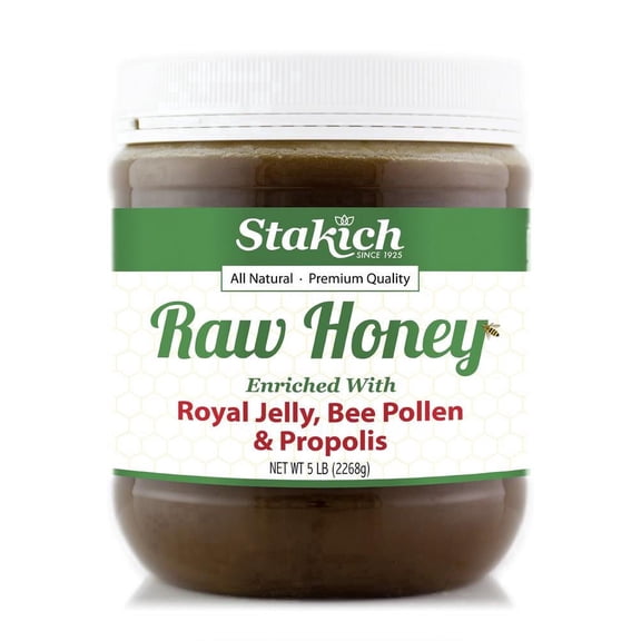 Stakich Raw Honey, Royal Jelly, Bee Pollen & Propolis Enriched, 5.0 Lb